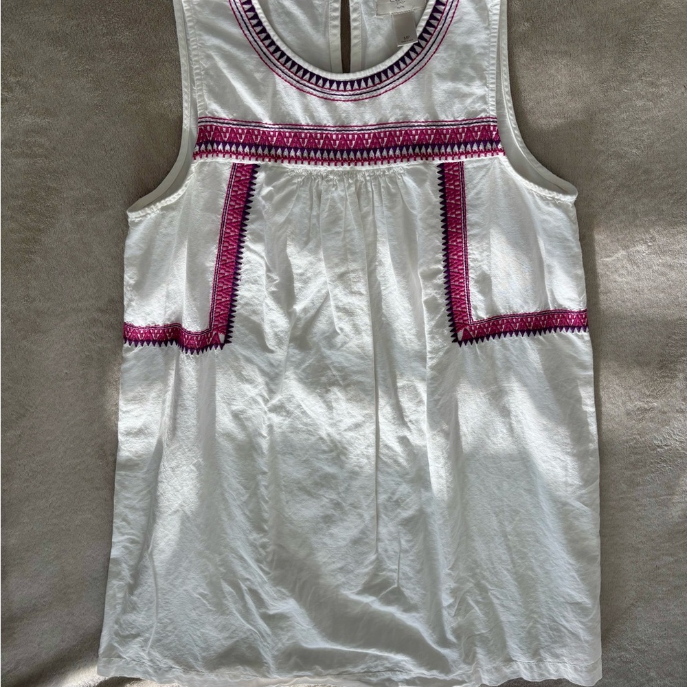 LOFT White Shift Dress with Pink Embroidery